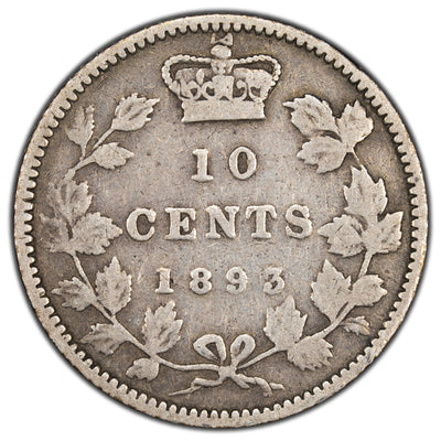 Canada 1893 Flat Top 3 Obv 5 10 Cents Dime Silver Coin - VG-10