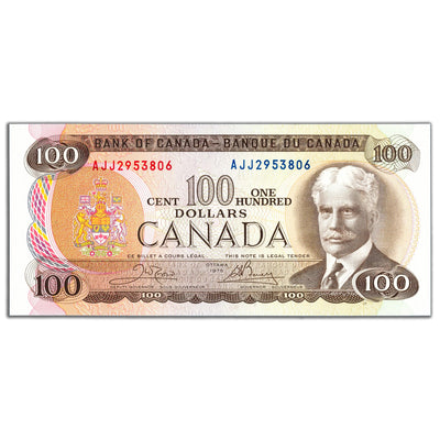 SOLD $100 1975 Bank of Canada Note Crow-Bouey AJJ Prefix BC-52b - Choice UNC