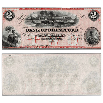 SOLD $2 1859 Bank of Brantford Canada Chartered Remainder Note #40-12-04R - UNC (tear)