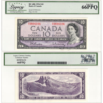 $10 1954 Bank of Canada Note Beattie-Rasminsky O/V Prefix BC-40b - Legacy Gem UNC-66 PPQ