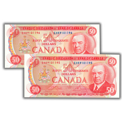 SOLD $50 1975 Bank of Canada Notes EHK Prefix BC-51b - 2 Consecutive AU