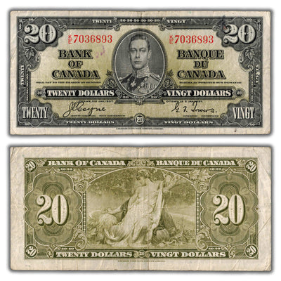 $20 1937 Bank of Canada Note Coyne-Towers K/E Prefix BC-25c - Minor Writing
