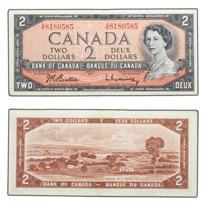 SOLD $2 1954 Bank of Canada Note A/R Changeover Prefix BC-38b - EF/AU