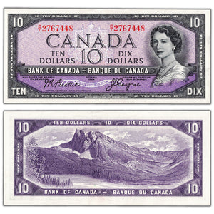 SOLD $10 1954 Bank of Canada Note Beattie-Coyne C/T Prefix BC-40a - AU-58