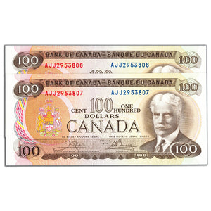 SOLD $100 1975 Bank of Canada Notes AJJ Prefix BC-52b - 2 Consecutive Choice UNC