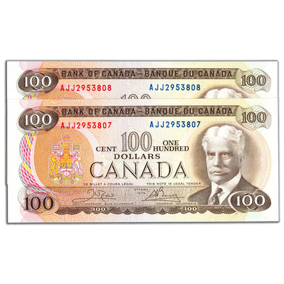 SOLD $100 1975 Bank of Canada Notes AJJ Prefix BC-52b - 2 Consecutive Choice UNC