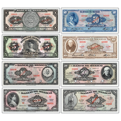Mexico 1951-72 1-1000 Pesos 8 Note Specimen Set - Uncirculated
