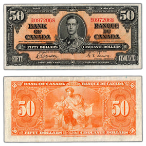 SOLD $50 1937 Bank of Canada Note Gordon-Towers B/H Prefix BC-26b - VF