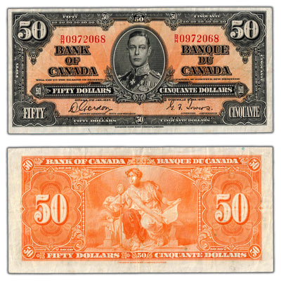 SOLD $50 1937 Bank of Canada Note Gordon-Towers B/H Prefix BC-26b - VF
