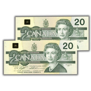 SOLD $20 1991 Bank of Canada Notes AWC Prefix BC-58c - 2 Consecutive AU/UNC