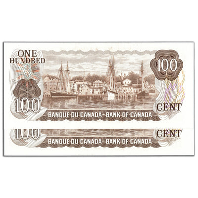 SOLD $100 1975 Bank of Canada Notes AJJ Prefix BC-52b - 2 Consecutive Choice UNC