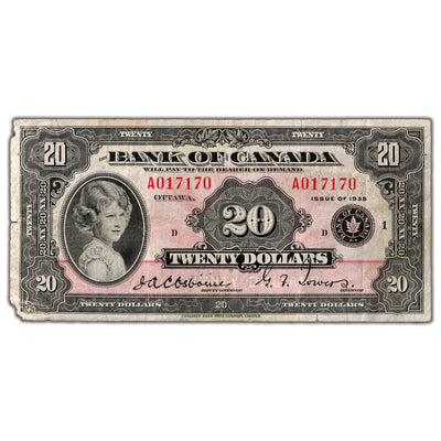 SOLD $20 1935 Bank of Canada Note English Text Large Seal BC-9a - Corner Issues