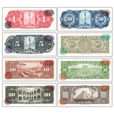 Mexico 1951-72 1-1000 Pesos 8 Note Specimen Set - Uncirculated