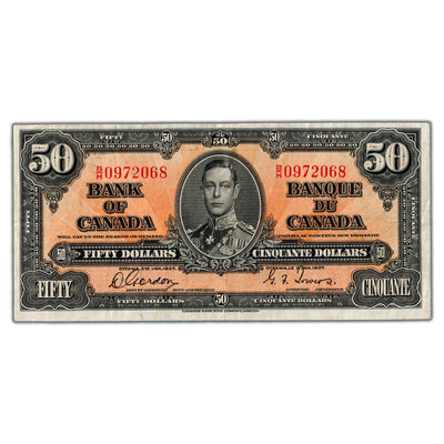 SOLD $50 1937 Bank of Canada Note Gordon-Towers B/H Prefix BC-26b - VF