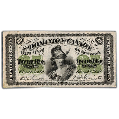 SOLD 25 Cents 1870 Dominion of Canada Note Shinplaster Plain DC-1c - VF (writing)