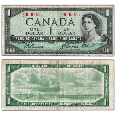 SOLD $1 1954 Bank of Canada Note I/L Prefix BC-37a Low Serial #75 - Circulated