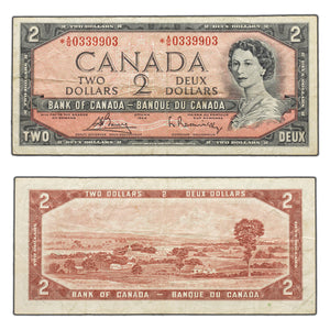 SOLD $2 1954 Bank of Canada Note *A/G Replacement Prefix Below 0.4M BC-38cA - F/VF