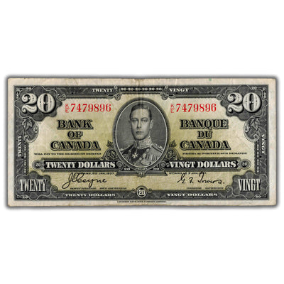 $20 1937 Bank of Canada Note Coyne-Towers K/E Prefix BC-25c - F/VF