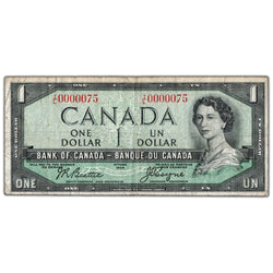 SOLD $1 1954 Bank of Canada Note I/L Prefix BC-37a Low Serial #75 - Circulated