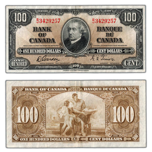 SOLD $100 1937 Bank of Canada Note Gordon-Towers B/J Prefix BC-27b - VF/EF
