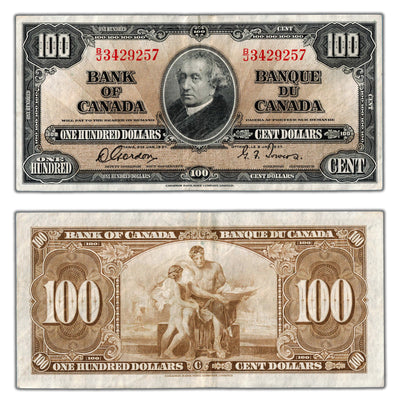 SOLD $100 1937 Bank of Canada Note Gordon-Towers B/J Prefix BC-27b - VF/EF