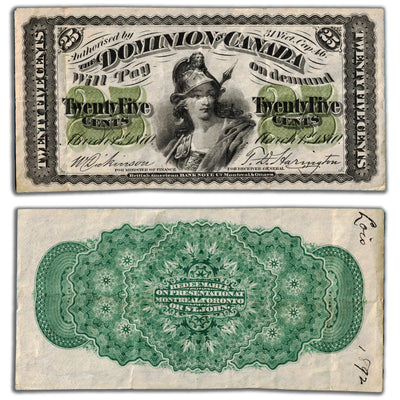SOLD 25 Cents 1870 Dominion of Canada Note Shinplaster Plain DC-1c - VF (writing)