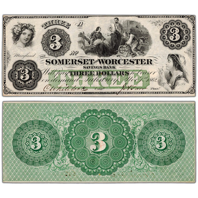 United States 1862 $3 Somerset & Worcester Savings Bank Note - EF