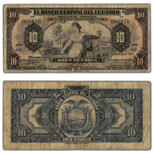 SOLD Ecuador 1943 10 Ten Sucres Note P #92a - Circulated