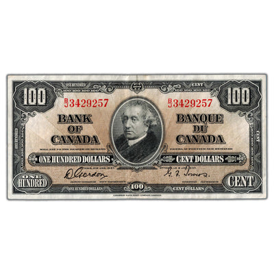 SOLD $100 1937 Bank of Canada Note Gordon-Towers B/J Prefix BC-27b - VF/EF