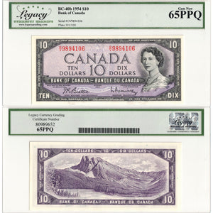 SOLD $10 1954 Bank of Canada Note Beattie-Rasminsky O/V Prefix BC-40b - Legacy Gem UNC-65 PPQ