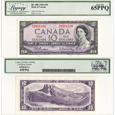 SOLD $10 1954 Bank of Canada Note Beattie-Rasminsky O/V Prefix BC-40b - Legacy Gem UNC-65 PPQ