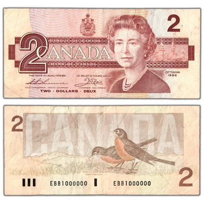 $2 1986 Bank of Canada Note EBB Prefix BC-55b-i 1 Million Serial - Circulated
