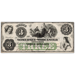 SOLD United States 1862 $3 Somerset & Worcester Savings Bank Note - EF