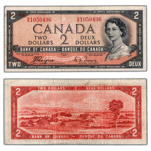 SOLD $2 1954 Bank of Canada Note Devil Face A/B Prefix BC-30a - Rough Edges