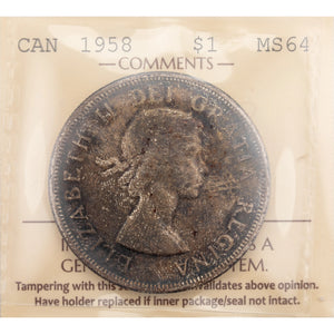 SOLD Canada 1958 $1 Silver Dollar Coin - ICCS MS-64