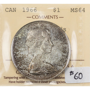 SOLD Canada 1966 Large Beads $1 Silver Dollar Coin - ICCS MS-64