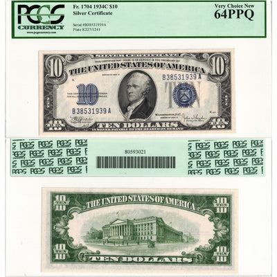 SOLD United States 1934 $10 Silver Certificate Note Fr. 1704 - PCGS Ch UNC-64 PPQ