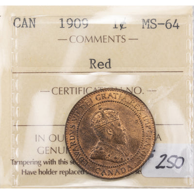 SOLD Canada 1909 1 Large Cent Coin - ICCS MS-64 Red