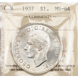 SOLD Canada 1937 $1 Silver Dollar Coin - ICCS MS-64