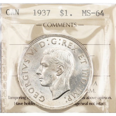 SOLD Canada 1937 $1 Silver Dollar Coin - ICCS MS-64