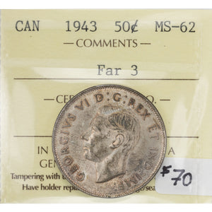SOLD Canada 1943 Far 3 50 Cents Half Dollar Silver Coin - ICCS MS-62