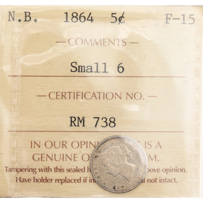 New Brunswick Small 6 1864 5 Cents Silver Coin - F-15