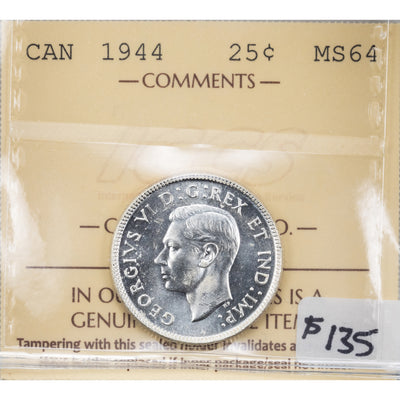 SOLD Canada 1944 25 Cents Quarter Silver Coin - ICCS MS-64