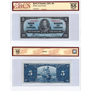 SOLD $5 1937 Bank of Canada Note Coyne-Towers C/S Prefix BC-23c - BCS AU-55