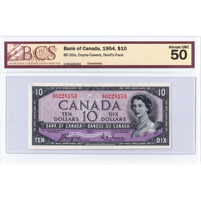 SOLD $10 1954 Bank of Canada Note Devil Face C/D Prefix BC-32a - BCS AU-50