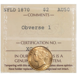 SOLD Newfoundland 1870 Obverse #1 $2 Two Dollars Gold Coin - ICCS AU-50