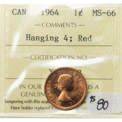 SOLD Canada 1964 Hanging '4' 1 Small Cent Coin - ICCS MS-66 Red
