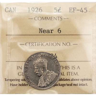 Canada 1926 Near 6 5 Cents Nickel Coin - ICCS EF-45