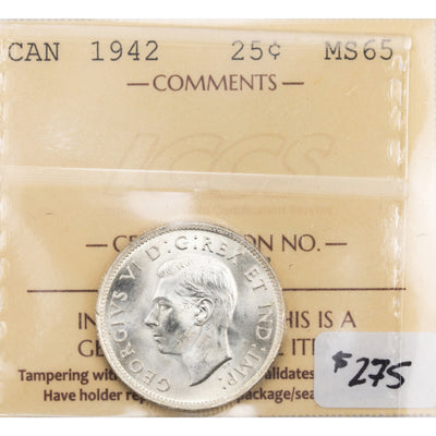 SOLD Canada 1942 25 Cents Quarter Silver Coin - ICCS MS-65