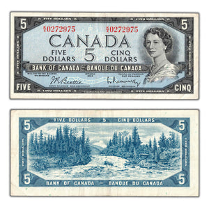 SOLD $5 1954 Bank of Canada Note Beattie-Rasminsky K/X Prefix BC-39b